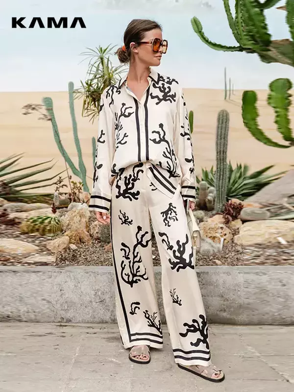 Mode Fleck Druck Revers Bluse Hose Anzug elegant lässig locker weites Bein lange Hosen Set Frühling Sommerferien Outfit