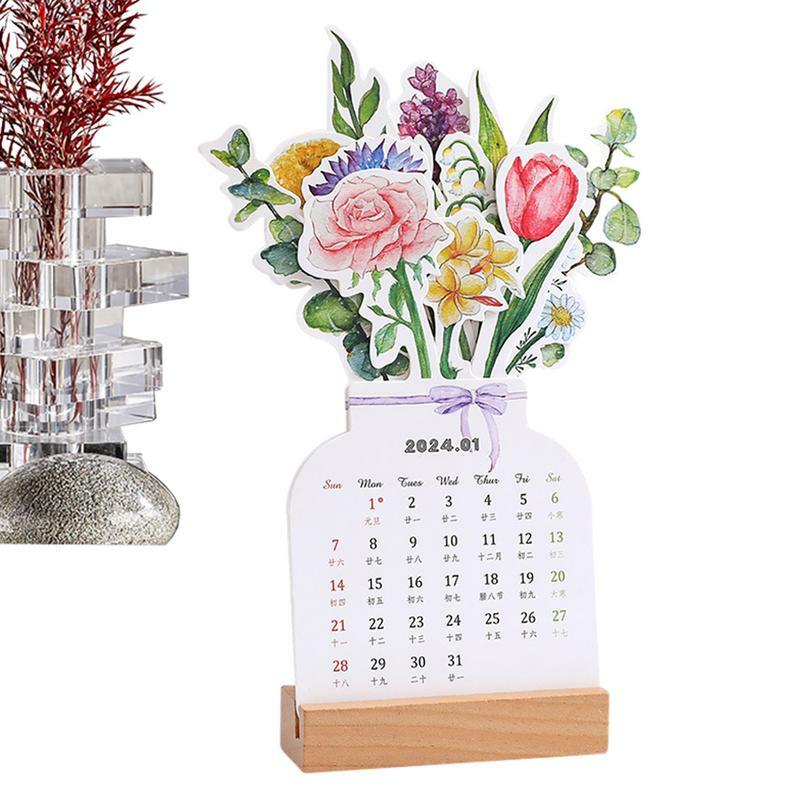 Calendario de flores Bloomy, planificador mensual de pie, diseño de florero con soporte, decoraciones de mesa, tema de flores, 2024