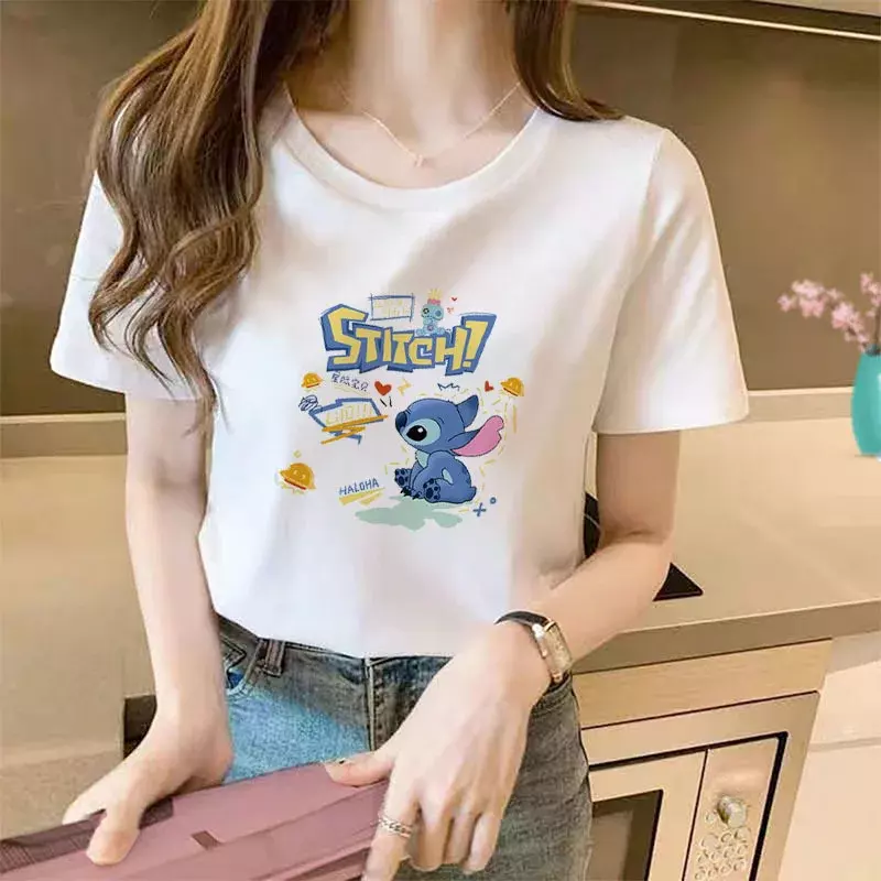Disney-Camiseta feminina do Mickey Mouse dos desenhos animados, roupa Donald Kawaii estampada em algodão, camisa bonita da senhora, verão, pateta