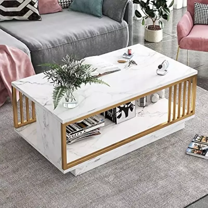 Mesa de café de mármore falso com armazenamento aberto, mesa retangular, mesa branca moderna para sala de estar, 2 camadas