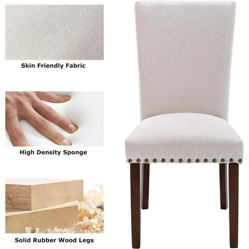 Upholstered Parsons Dining Chairs Set of 4, Fabric Dining Room Kitchen Side Chair with Nailhead Trim and Wood Legs - Beig