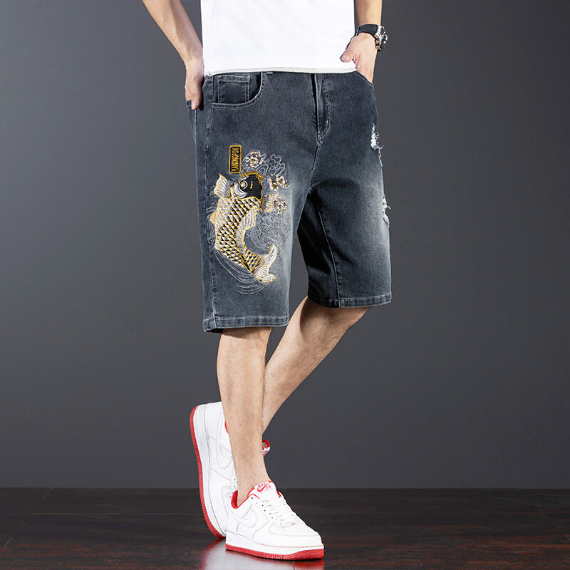 Chinese Style Embroidery Denim Shorts Men's Fashion Design Loose Elastic Ripped Street Trend Retro plus Size Shorts