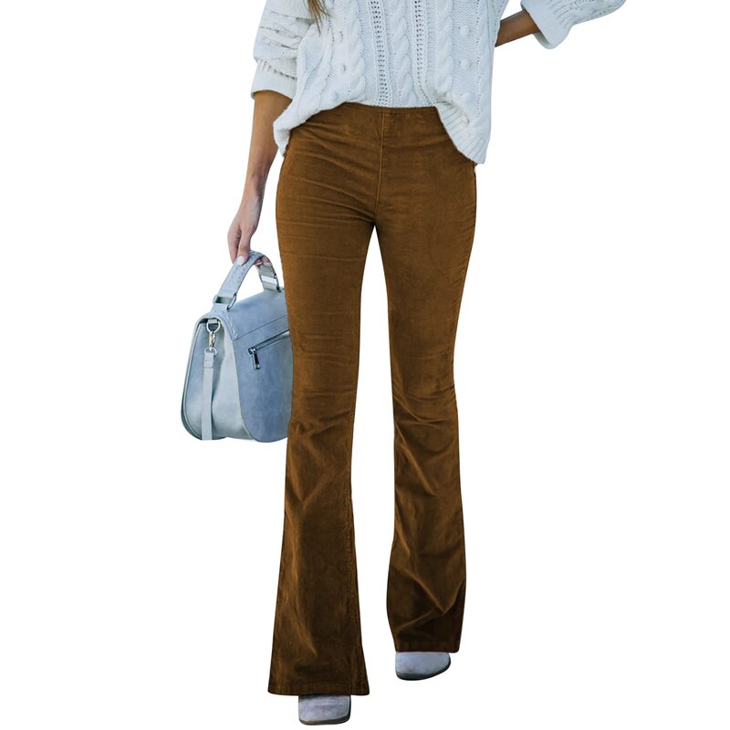 กางเกงผ้าลูกฟูกเอวสูงสำหรับผู้หญิง, กางเกงลำลองขายาวมีกระเป๋าสีกากี