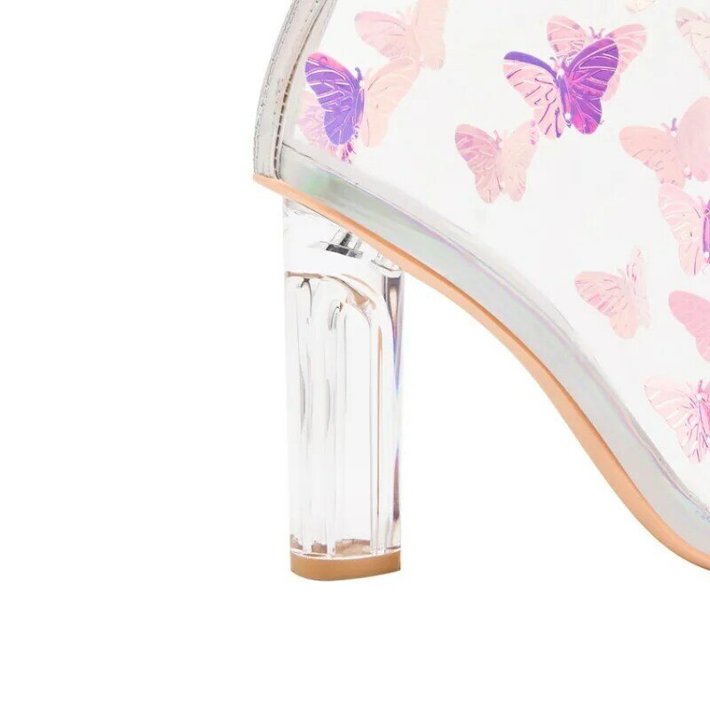 Botas curtas transparentes de borboleta para mulheres, fecho 3D ilusório, salto de cristal, rosa, roxo, palco de bar, sapatos femininos, salto alto de 11cm, 36-43