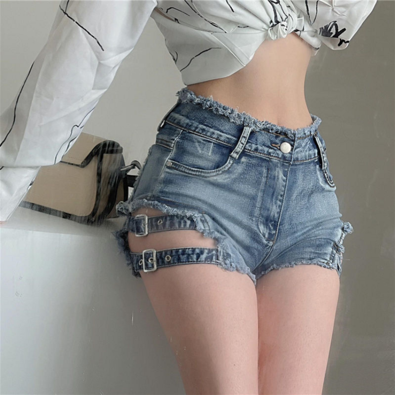 Spring and Summer New American Sexy Pure Lust Style Spicy Girl Elastic Tight Hollow Out Tassel Design Sense Denim Shorts