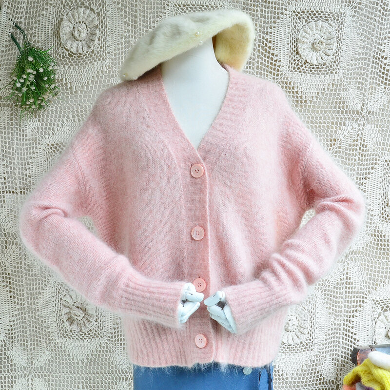 Chaqueta de lana de Angora peluda rosa para mujer, cárdigan suelto con cuello en V, mangas largas, abrigo de suéter, Tops de tracción, primavera y otoño