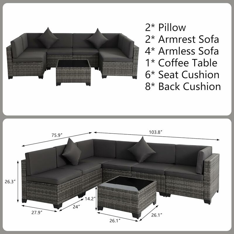 Patio Furniture Sets OutdoorPatio Furniture Conversation Set,All-Weather PE Rattan Sectional Sofa with Cushions and Glass Table
