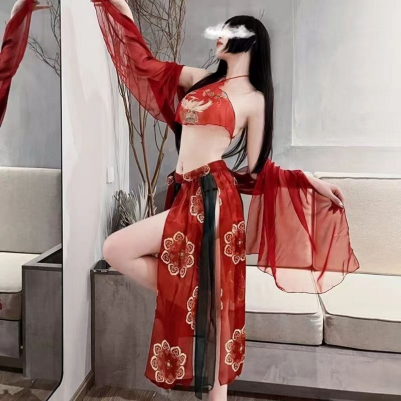 المرأة الأحمر Hanfu الملابس الداخلية الإمبراطورية تحلق الجنية موحدة الساخن شال منامة ضمادة تنورة مجموعة الملابس الداخلية الصينية التقليدية