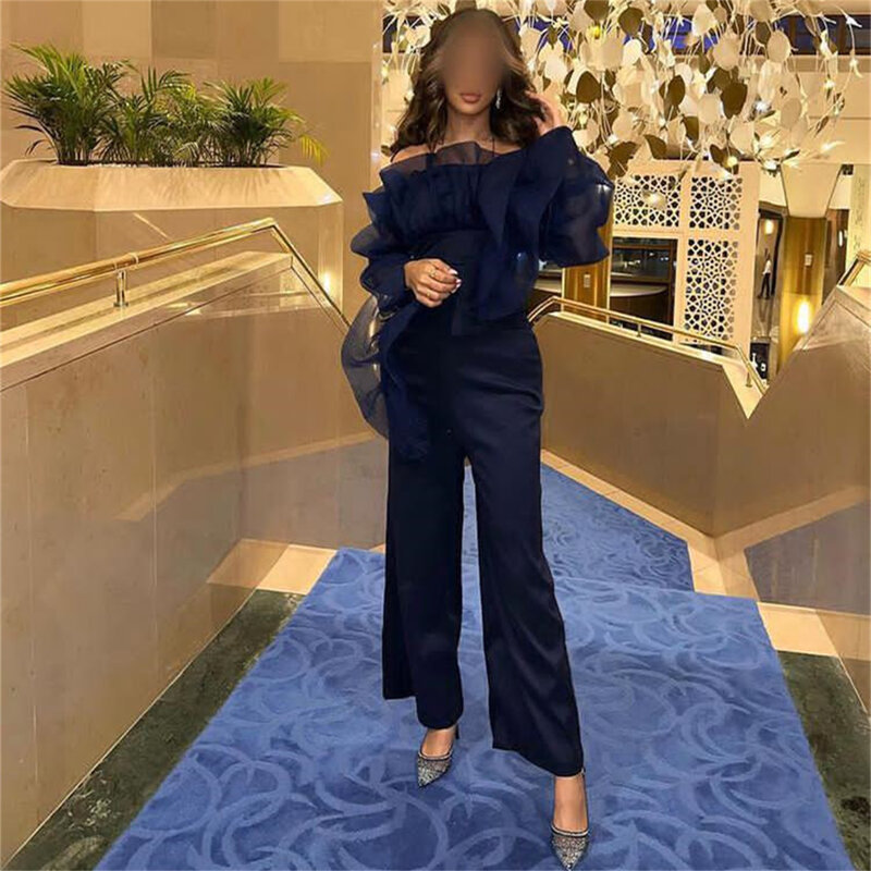 2023Navy Blue Arabic Women Jumpsuit Pant Evening Formal Dresses Cloth Custom Made Color Formal Night Dress Prom Gowns