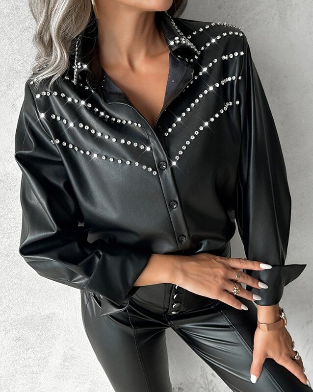 Fashion Woman Blouse Spring Buttoned Rhinestone Pu Leather Casual Turn-Down Collar Plain Long Sleeve Daily Top Y2K Clothes