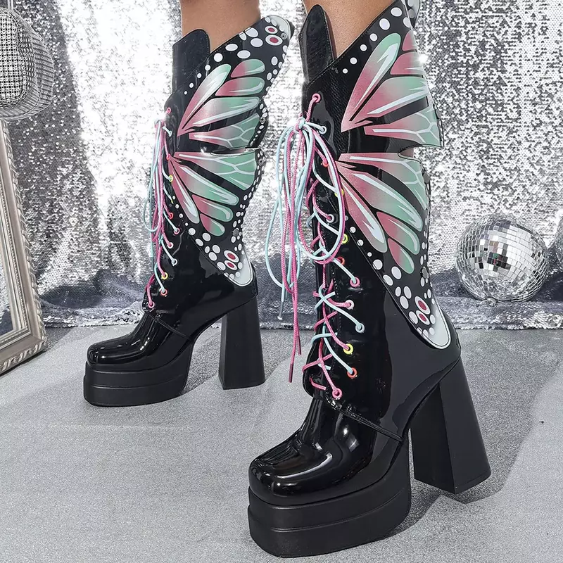 Botas de tacón alto con forma de mariposa para mujer, botines hasta la rodilla, estilo gótico, colorido, Ninja, CyberY2k, 2024