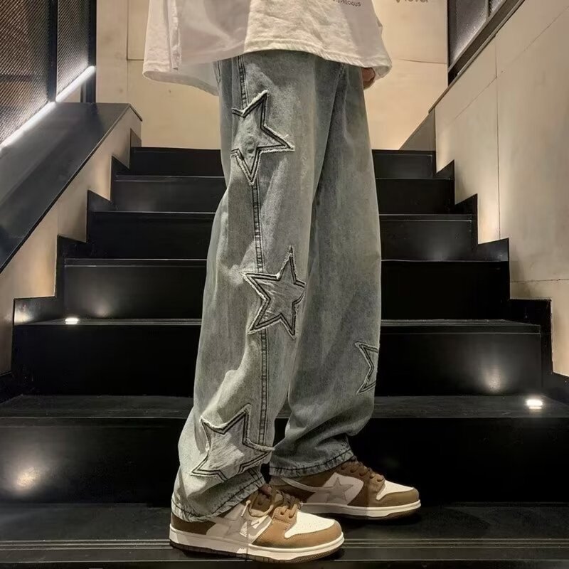 New Fashion Stars asciugamano ricamo Jeans larghi da uomo pantaloni Y2K vestiti dritti pantaloni in cotone Hip Hop Pantalon Homme jeans da uomo