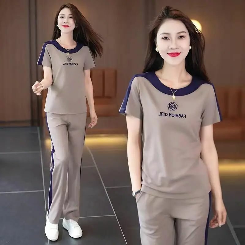Women's Leisure Sportswear Suit Summer 2024 New Loose Fitting Outfits Fashion Short Sleeved Tops Pants Two Piece Sets For Women