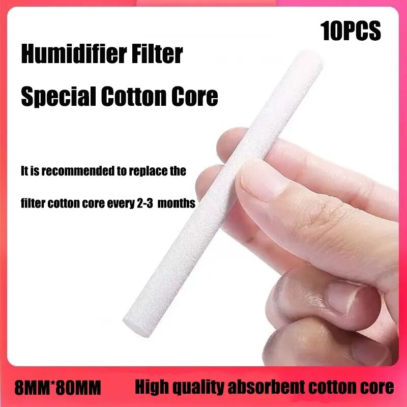 Filtro do algodão para o humidificador, 8mm x 8cm, vara da esponja da substituição para o usb, difusor do aroma, humidificador do ar, 10 pcs/pack
