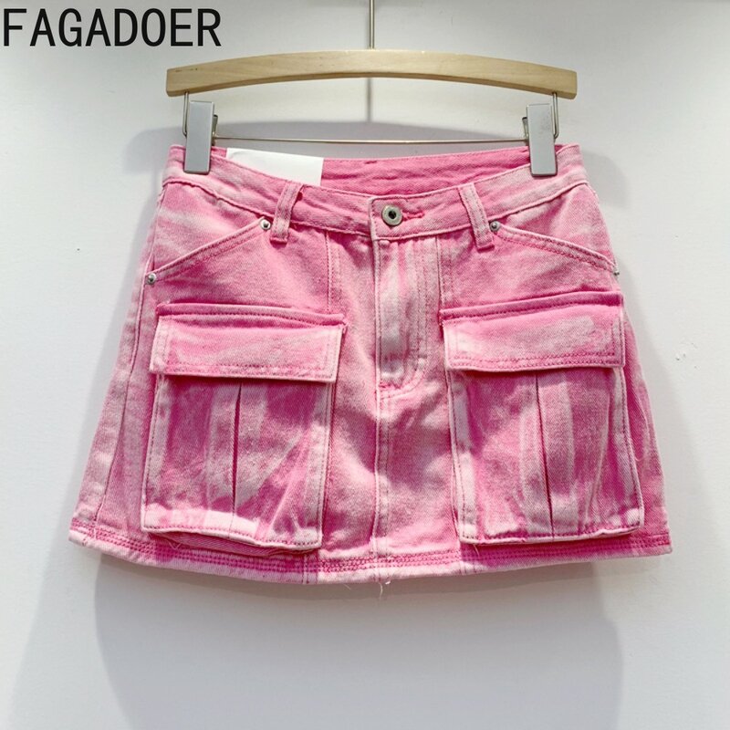 FAGADOER Fashion Y2K Personalized Cargo Pocket Denim Skirts Women High Waisted Button Mini Skirts Summer Matching Cowboy Bottoms