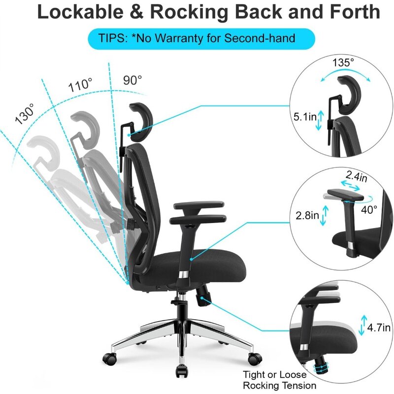 Ticova kursi kantor ergonomis, kursi meja punggung tinggi dengan penyangga pinggang dapat disesuaikan & sandaran tangan logam 3D-berbaring 130 °