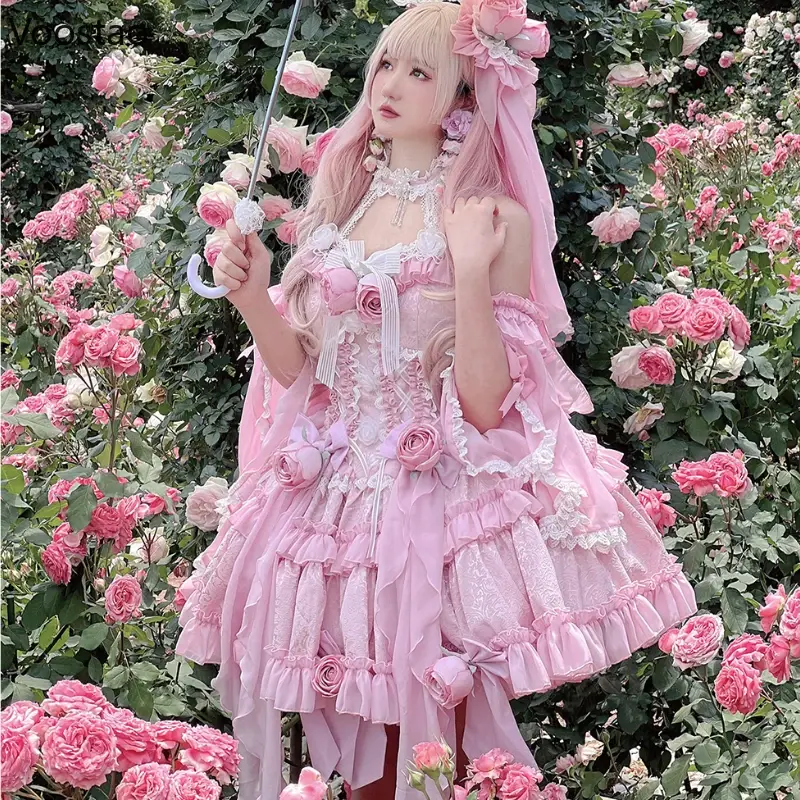 Vintage Harajuku Lolita Prinsessenjurk Vrouwen Zoete Kanten Roze Bloem Elegante Avondfeestjurken Kawaii Mouwloze Fee Jurk