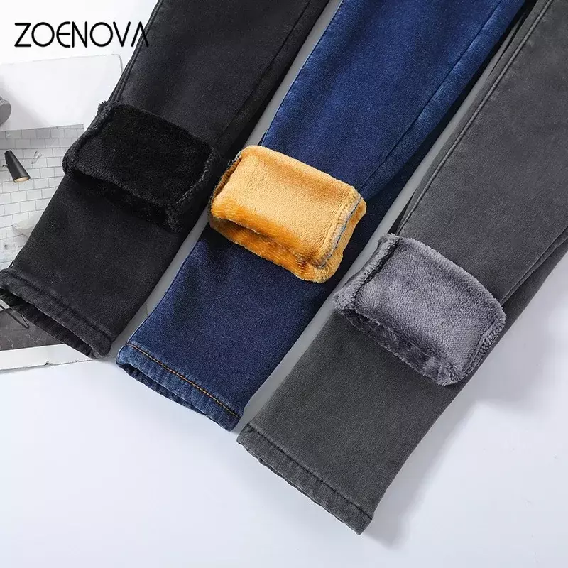 ZOENOVA  Women Thick Velvet Jeans Fleece  Warm Korean Fashion High Waist Skinny Elastic Pants Jean Casual Legging Winter 2023