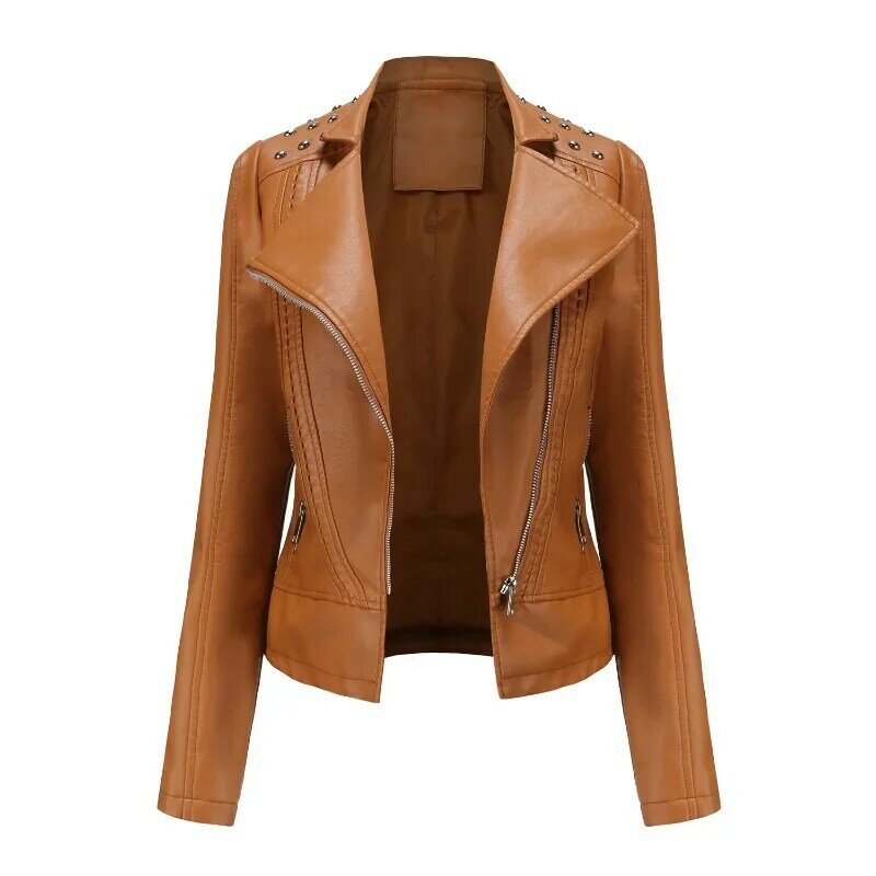 BTQWFD Female Clothing PU Leather Motorcycle Rivet Jackets Autumn Winter Coats Women Outwear Long Sleeve Fashion 2023 New Tops