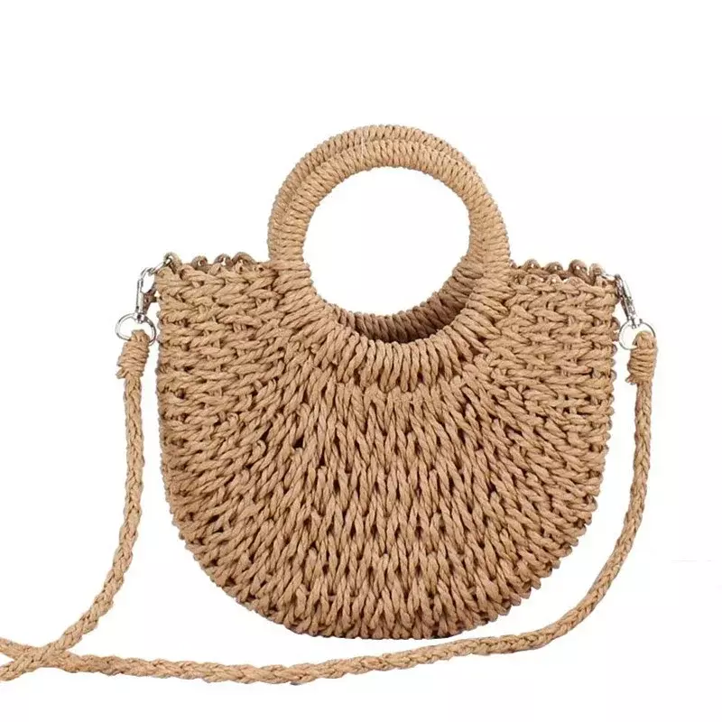 Saco de palha tecido Rattan semi-redondo artesanal para mulheres e meninas, sacos crossbody mensageiro pequena bolsa de praia LW034, verão