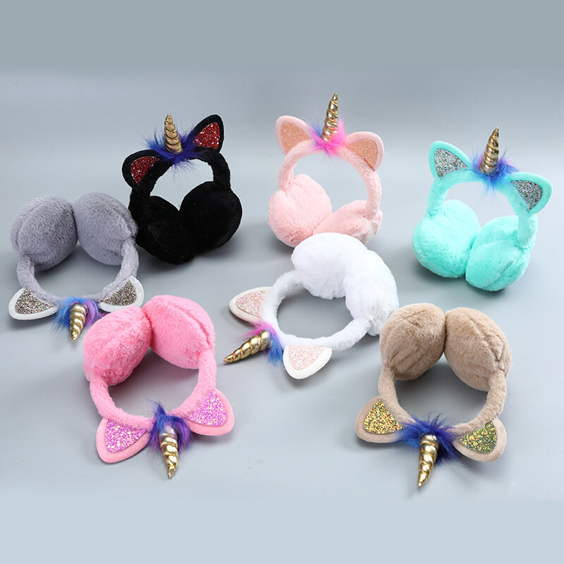 겨울 따뜻한 귀마개, 다채로운 유니콘, 부드러운 플러시, 푹신한 귀마개, 귀여운 고양이 귀 머리띠, 어린이 귀 커버