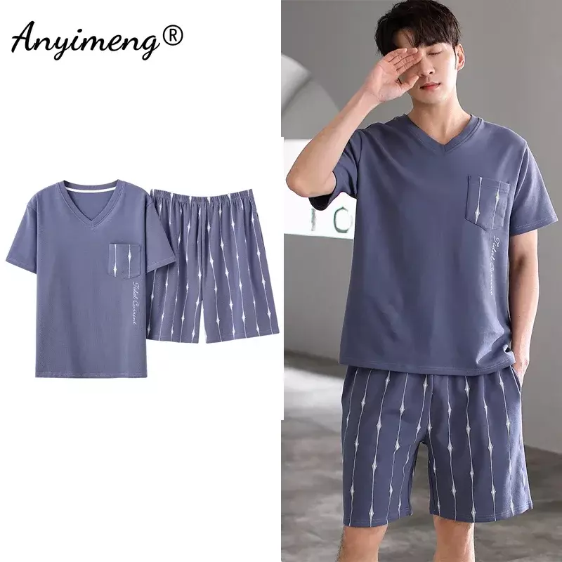 Sleepwear Set for Man Summer 2023 New Knitted Cotton Lounge Wear V Neck Leisure Home Suit Plus Size 4xl Two Piece Pajama Set Men