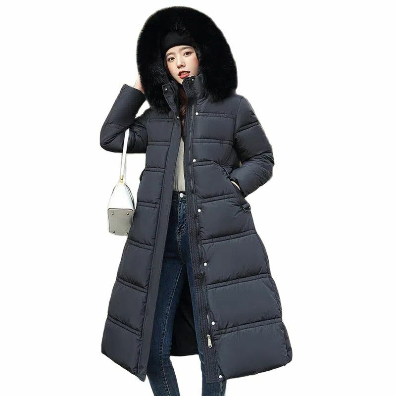 Abnehmbare Hut Mode Warme Hohe-Grade Mantel Parka Winter frauen Neue Lange Knie-Länge Farbe Kontrast Baumwolle-gepolsterte Jacke