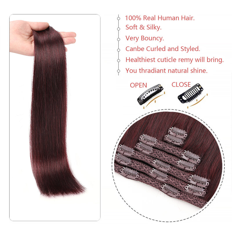 Ekstensi rambut manusia klip lurus merah anggur menambah rambut alami wanita 18 inci klip mulus dalam ekstensi rambut manusia asli