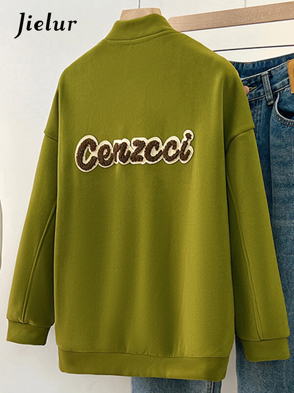 Jielur-chaquetas holgadas Vintage para mujer, abrigos informales con bolsillos, cremallera americana bordada, estilo Preppy, color verde, novedad
