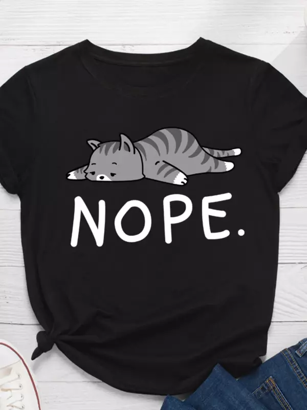 Camiseta con estampado de gato Nope para Mujer, blusa holgada de manga corta con cuello redondo, ropa para Mujer