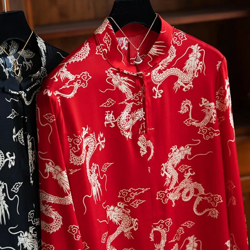Высококачественная шелковая китайская рубашка Hongyun с рисунком дракона с воротником-стойкой и пуговицами из шелка тутового шелкопряда блузка для женщин Y2k