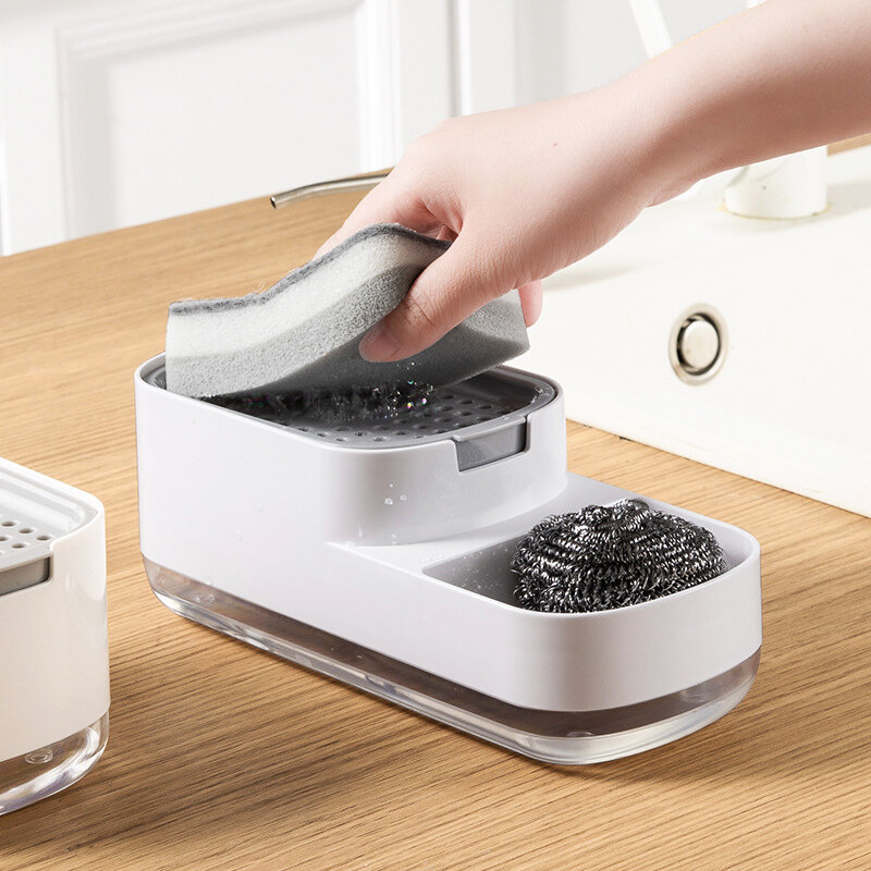 Dispensador de jabón 2 en 1 para cocina, herramienta de cocina de fregado automático, se puede almacenar detergente líquido, caja de jabón líquido, bomba tipo prensa