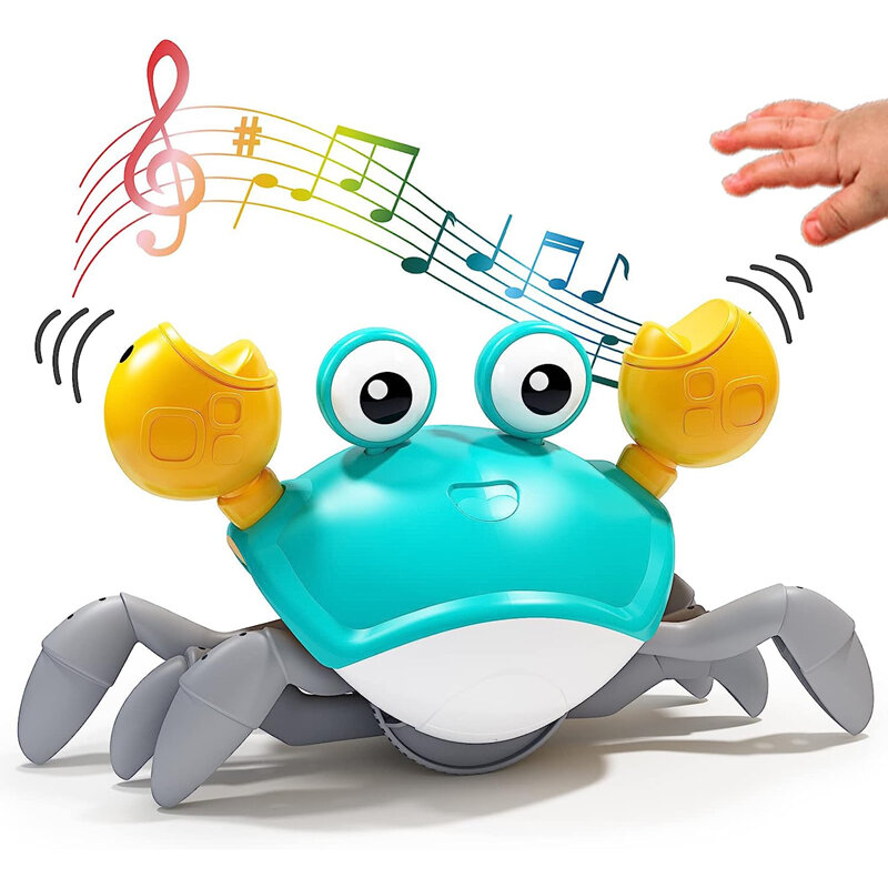 Juguete de cangrejo para gatear para bebé, Juguete Musical interactivo con tiempo de barriga, evita automáticamente obstáculos, divertido juguete en movimiento