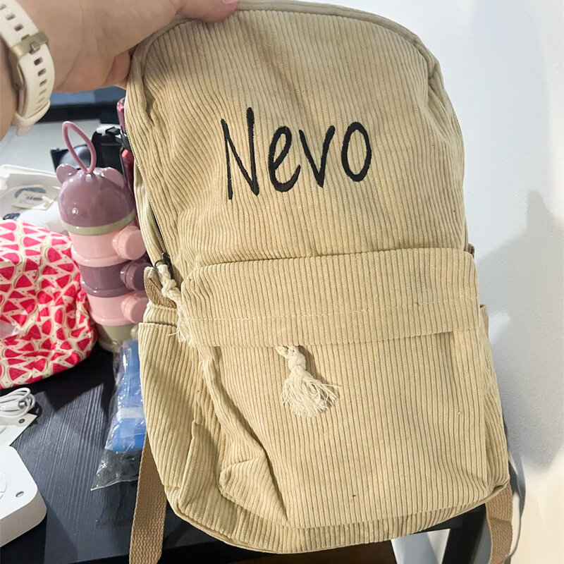 Mochila escolar de pana de gran capacidad, bolso de Campus de Color sólido con nombre personalizado, mochila de viaje Simple, regalos únicos