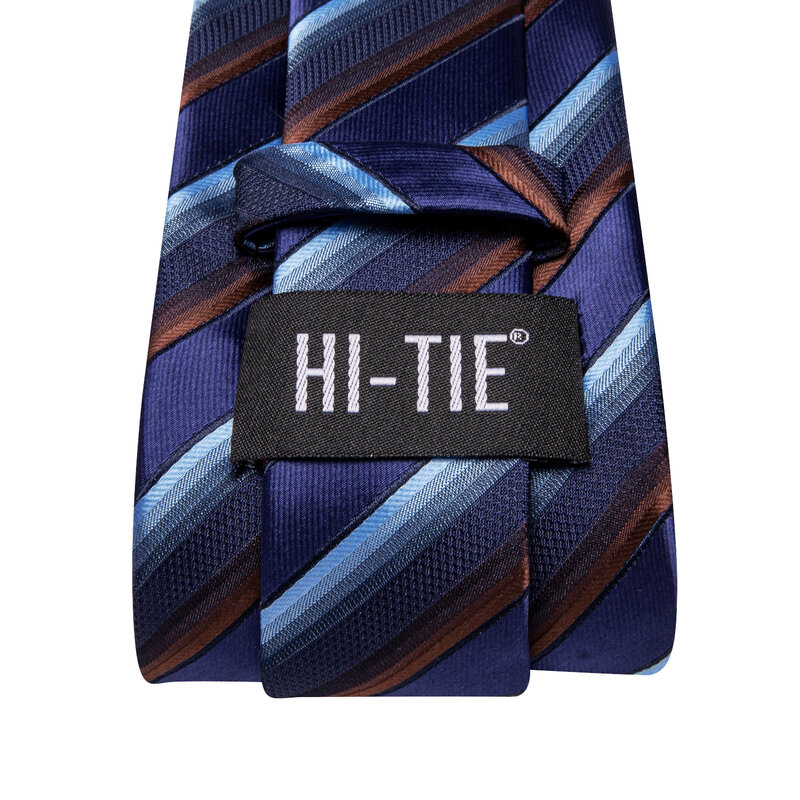 Hi-Tie Designer Listrado Azul Marinho Elegante Gravata para Homens, Marca de Moda, Gravata de Casamento, Abotoadura Handky, Negócio por atacado