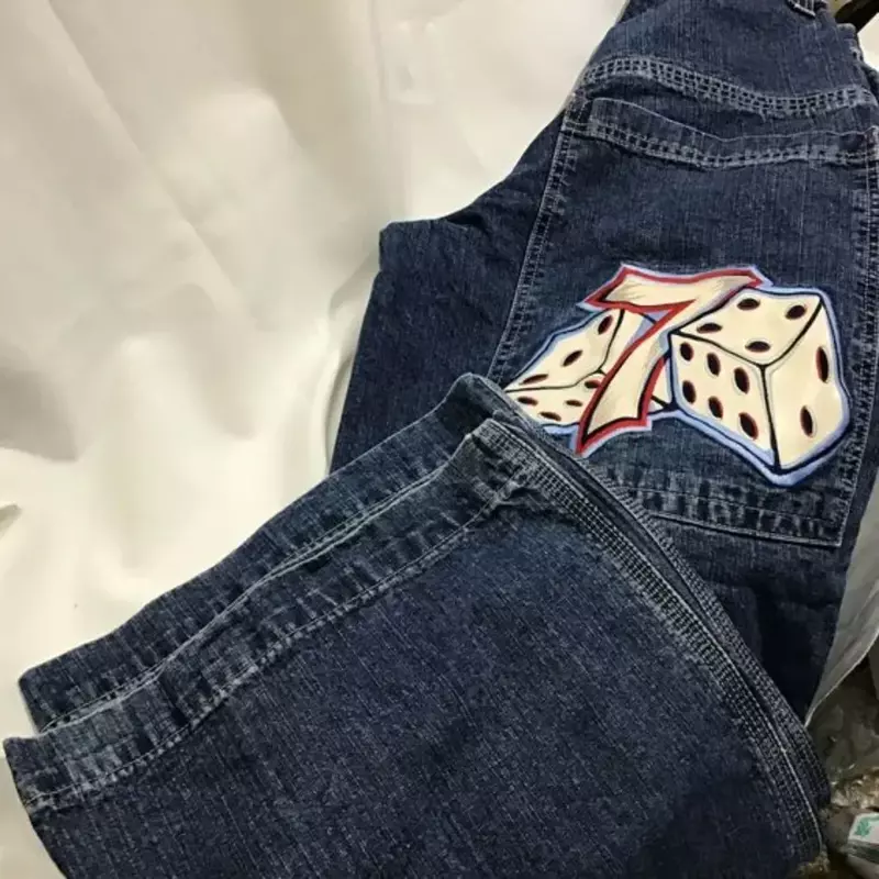 Nomor 7 Dice Streetwear JNCO Jeans Y2K Hip Hop grafis bordir Retro biru longgar Jeans Pria Wanita pinggang tinggi celana lebar