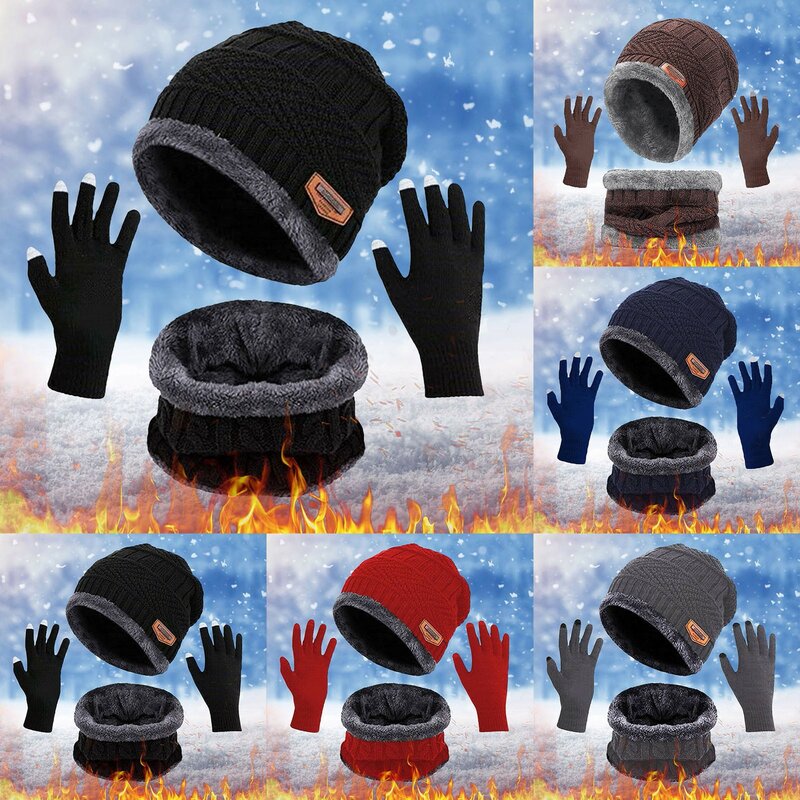 Men Women Winter Hat Warmer Scarf Touchscreen Gloves Set Warmer Neck Thick Knit Hat Set Hat Gloves Scarf