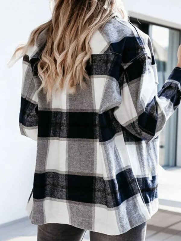 Shirts For Women Plaid Long Sleeve Button Up Shirt Collared Tops And Blouse 2024 Autumn Spring Fashion Loose Casual Black White