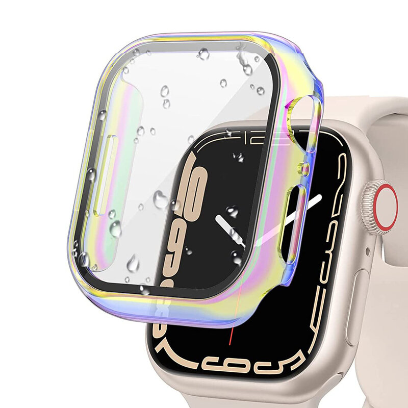 Casing jam tangan warna-warni PC kaca Tempered bawaan untuk jam tangan Apple penutup cakupan 45mm 40mm 44mm 41mm IWatch seri 9 8 7 6 SE 5