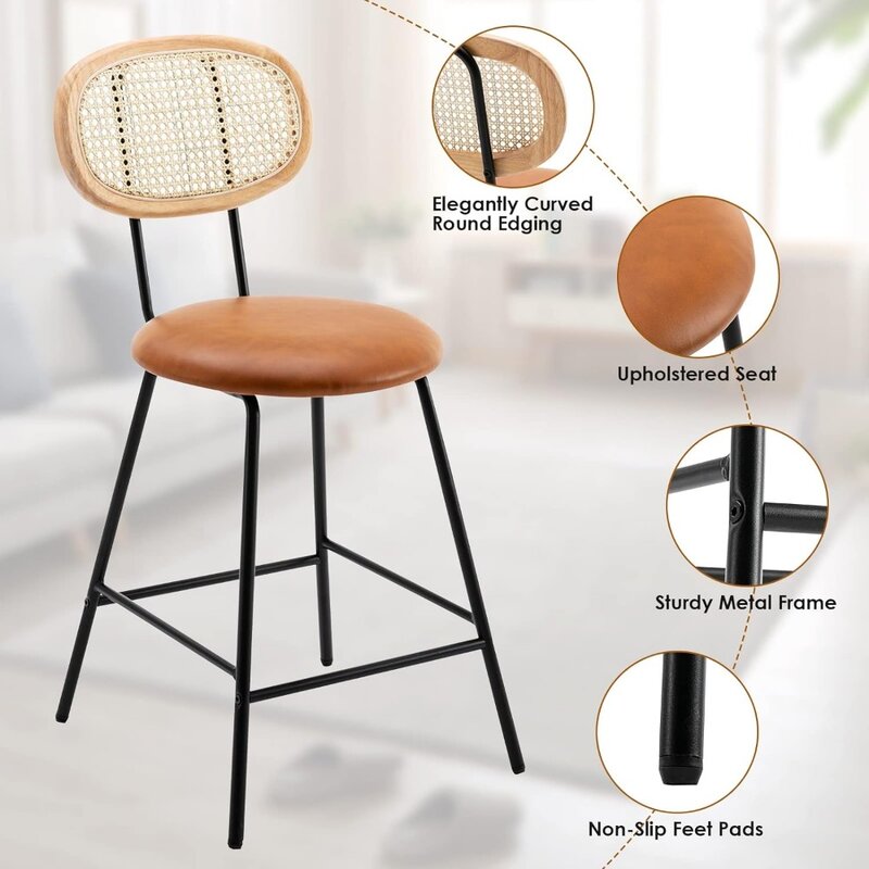 Amadi-Rattan Back Dining Chair, Interior Faux Leather Bar Stools, Cadeiras de Jantar Sem Braços com Encosto Rattan, Conjunto de 4