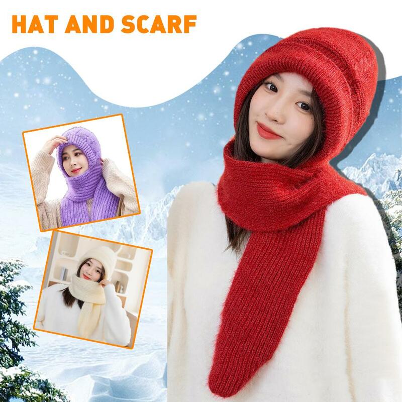 Зимняя вязаная шапка и шарф 2 в 1, шарф для защиты ушей от холода, теплые шапочки для девочек, ветрозащитные женские шапки для велоспорта и активного отдыха
