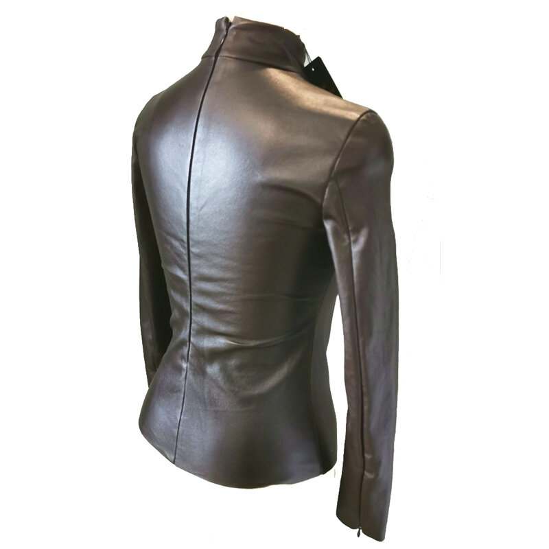 Top de couro elástico feminino, camisa de pele de carneiro importada, casaco de manga comprida, gola redonda, slim fit, roupa feminina, 2024
