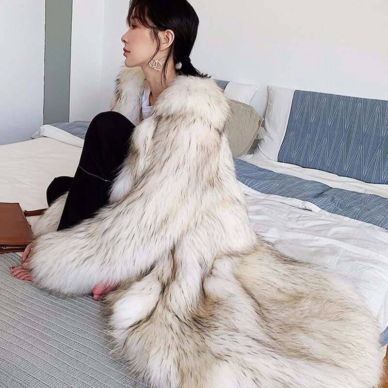 2022 Winter New Imitation Raccoon Fur Coat Long Warm Woven Fox Fur Light Luxury Fur Coat Women