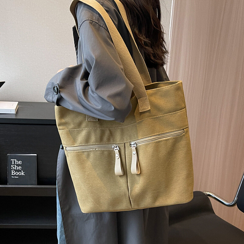 Холщовая Сумка на плечо большой вместимости, новинка 2023, трендовая женская сумка, подходящая ко всему Модная студенческая сумка-тоут, сумка на молнии в стиле преппи
