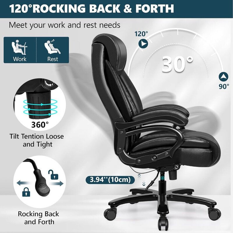 Cadeira de escritório de couro PU com assento largo, mobília do computador, grande mesa executiva, resistente, 500lbs, grande e alto