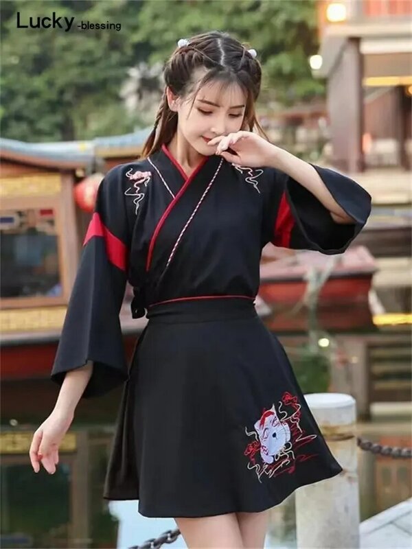 Japanese Dress Kimono Woman Black White Cat Embroidery Skirts Vintage Asian Clothing Yukat Party Anime Cosplay harajuku costume