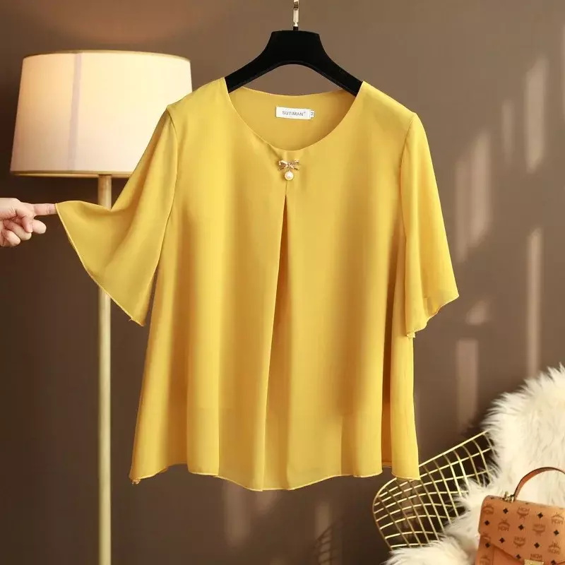 Moda damska nowe letnie szyfonowe koszule stałe fałdy Hem bluzka 6XL eleganckie kobiety odzież Casual koszulka z krótkim rękawkiem ponadgabarytowych