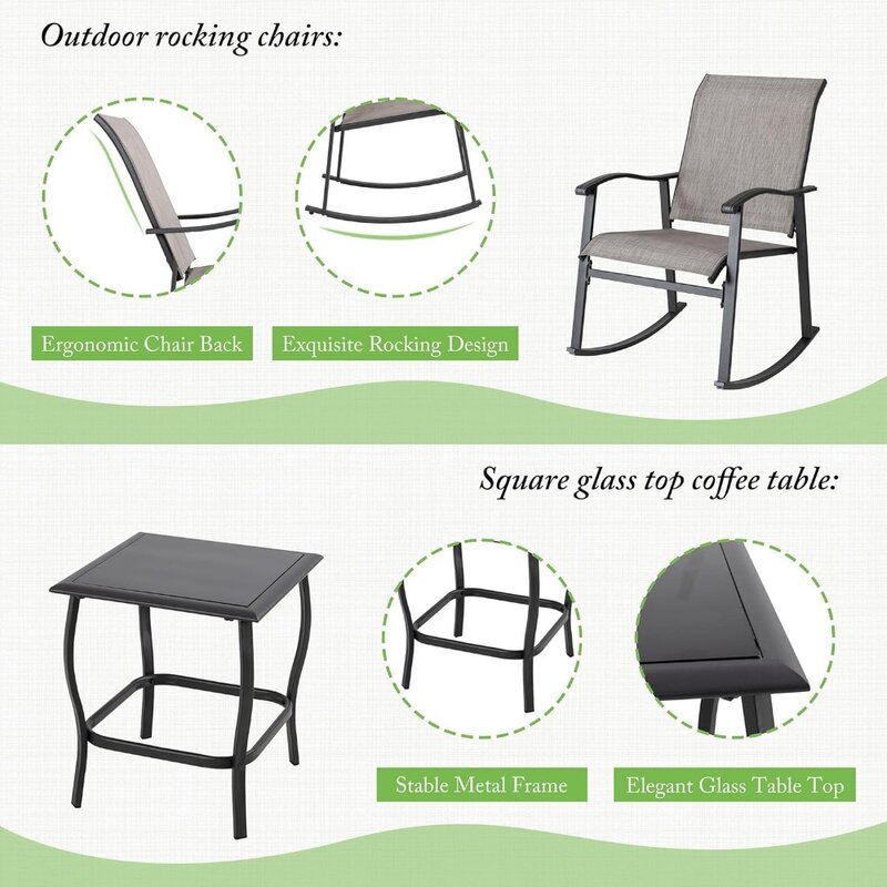 Набор для бистро-качалки из 3 предметов, уличная мебель со стульями-качалками и стеклянным журнальным столиком, набор из 3 предметов, для балкона
