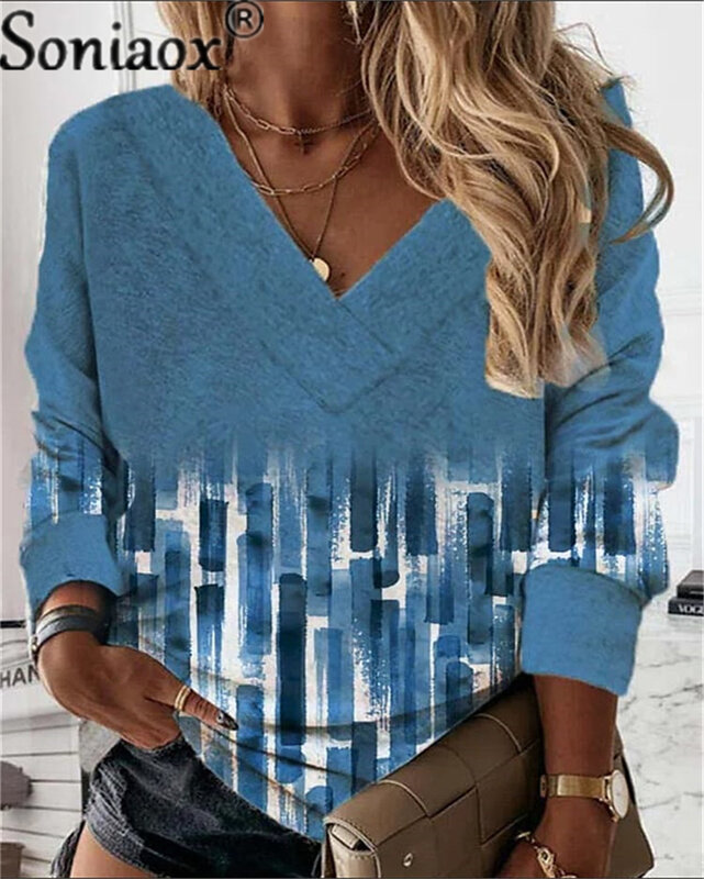 Moda geométrica cor bloco impressão hoodies moletom topos feminino outono elegante streetwear casual solto decote em v vintage com capuz