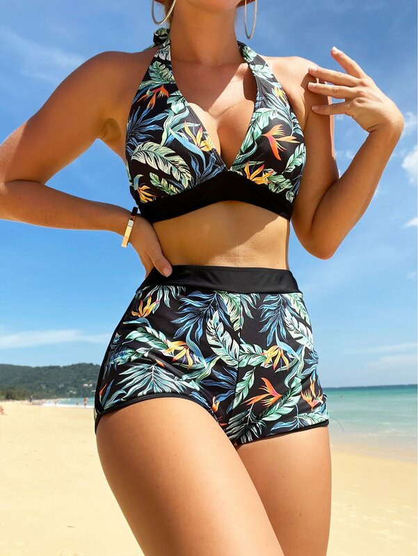 2024 Neck holder Bikini Set kurzen Badeanzug Frauen hohe Taille Bade bekleidung weibliche bedruckte Badegäste Schwimmen Badeanzug Beach wear